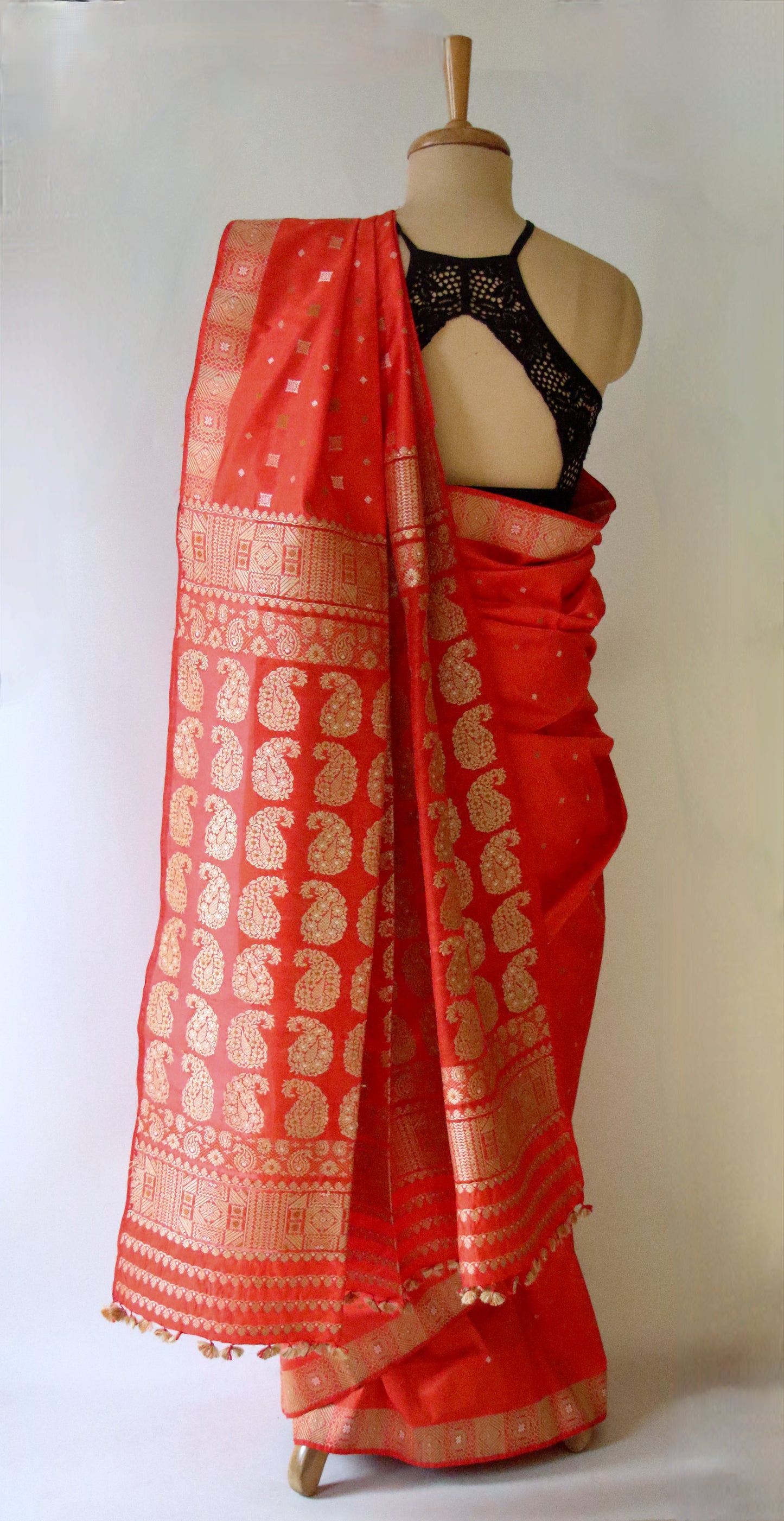 Bright Orange Handloom  Mulberry Silk Saree from Assam