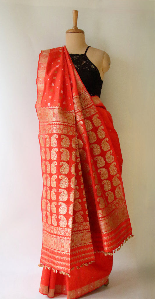 Bright Orange Handloom  Mulberry Silk Saree from Assam