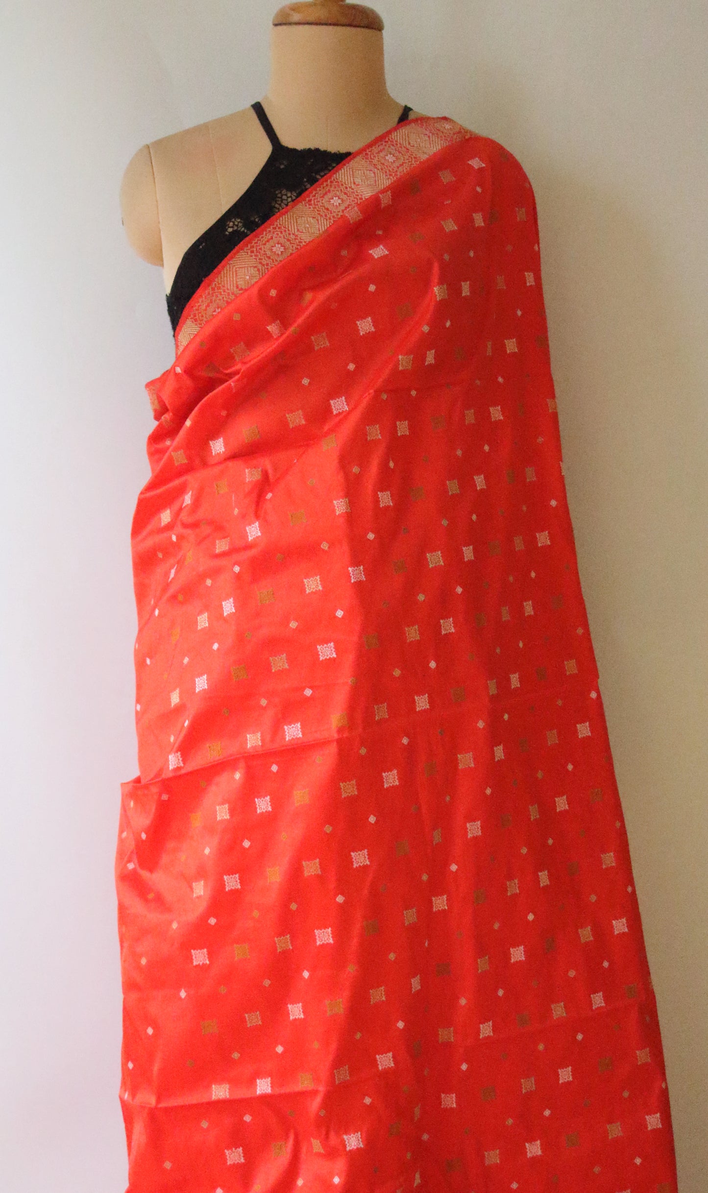Bright Orange Handloom  Mulberry Silk Saree from Assam