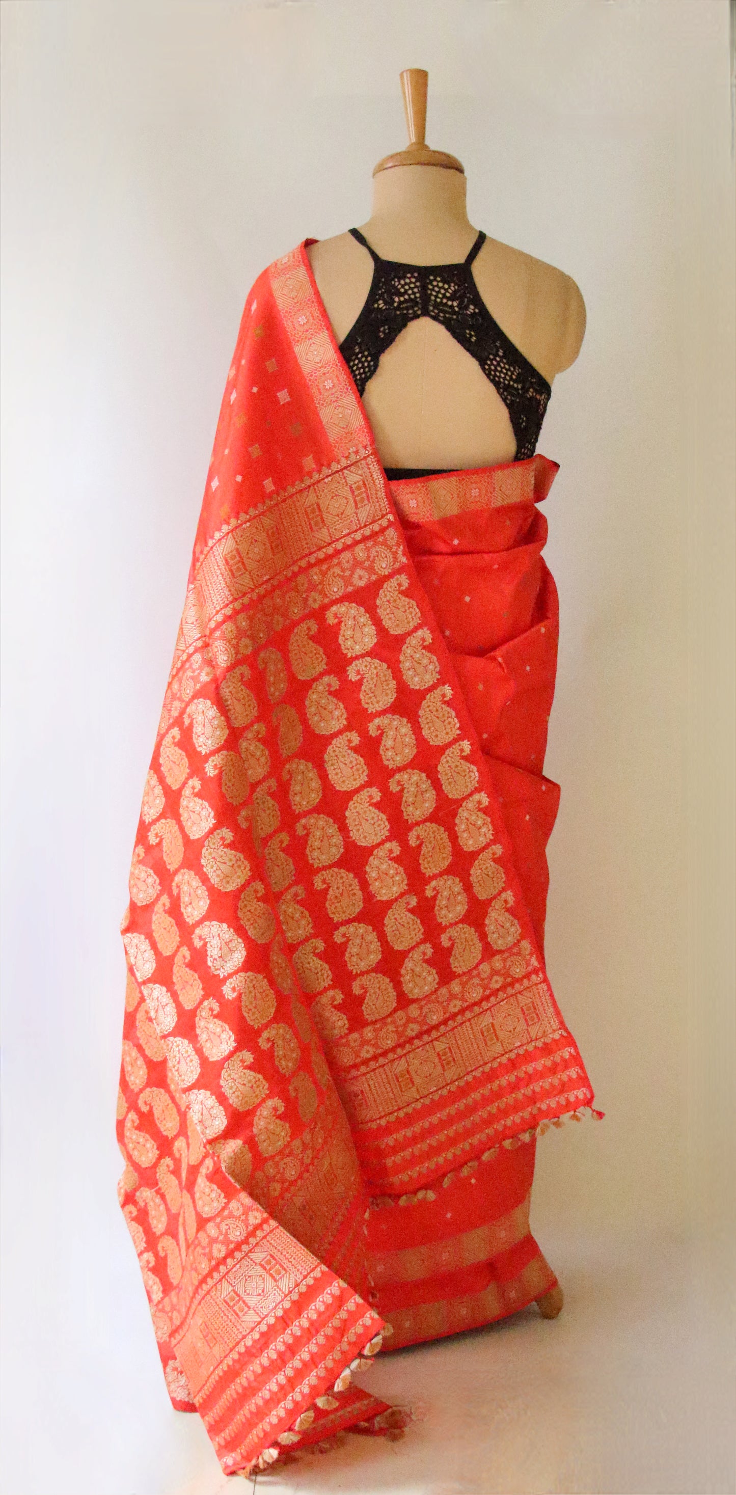 Bright Orange Handloom  Mulberry Silk Saree from Assam