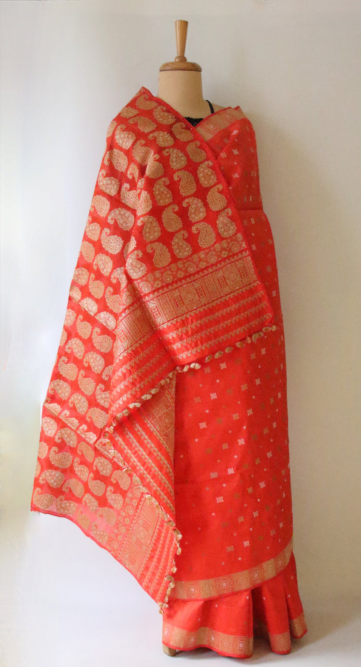 Bright Orange Handloom  Mulberry Silk Saree from Assam