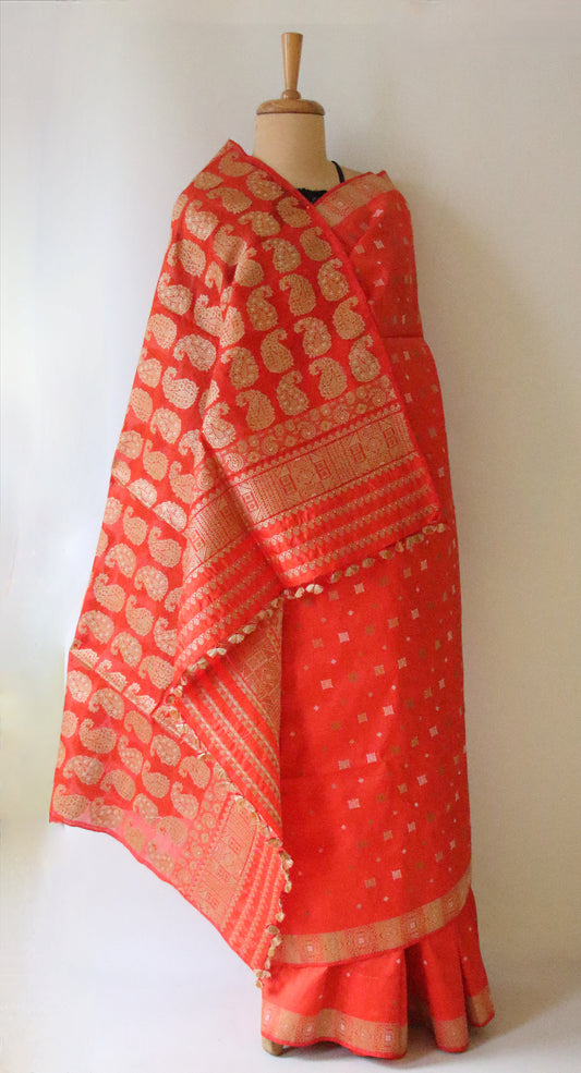 Bright Orange Handloom  Mulberry Silk Saree from Assam