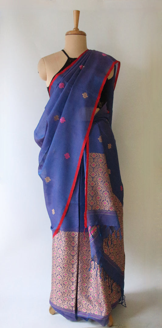 Two Tone Blue Cotton Silk Handloom Mekhela Chador Set