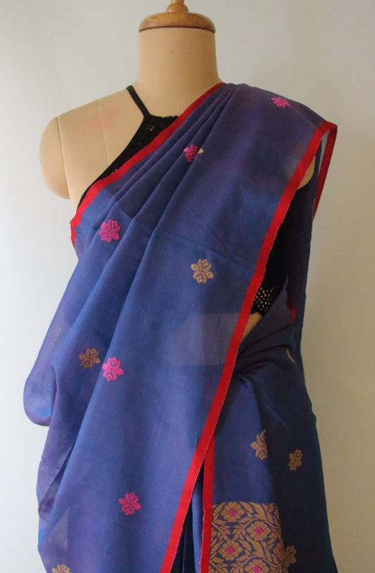 Two Tone Blue Cotton Silk Handloom Mekhela Chador Set