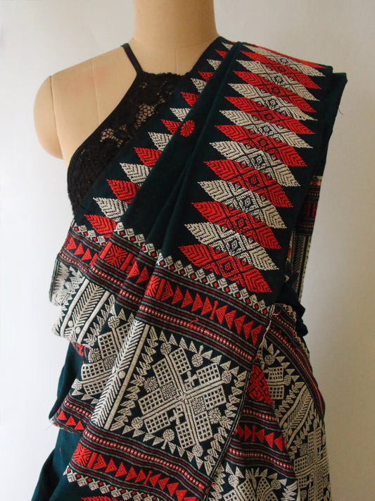 Green Cotton Traditional Tribal Design Handloom Mekhela Chador Set