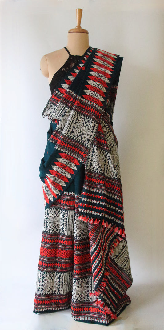 Green Cotton Traditional Tribal Design Handloom Mekhela Chador Set