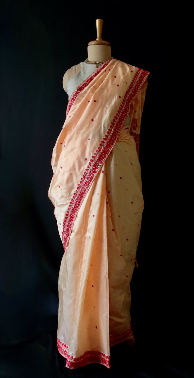 Soft Peach Colour Handloom Mulberry Silk Saree from Assam