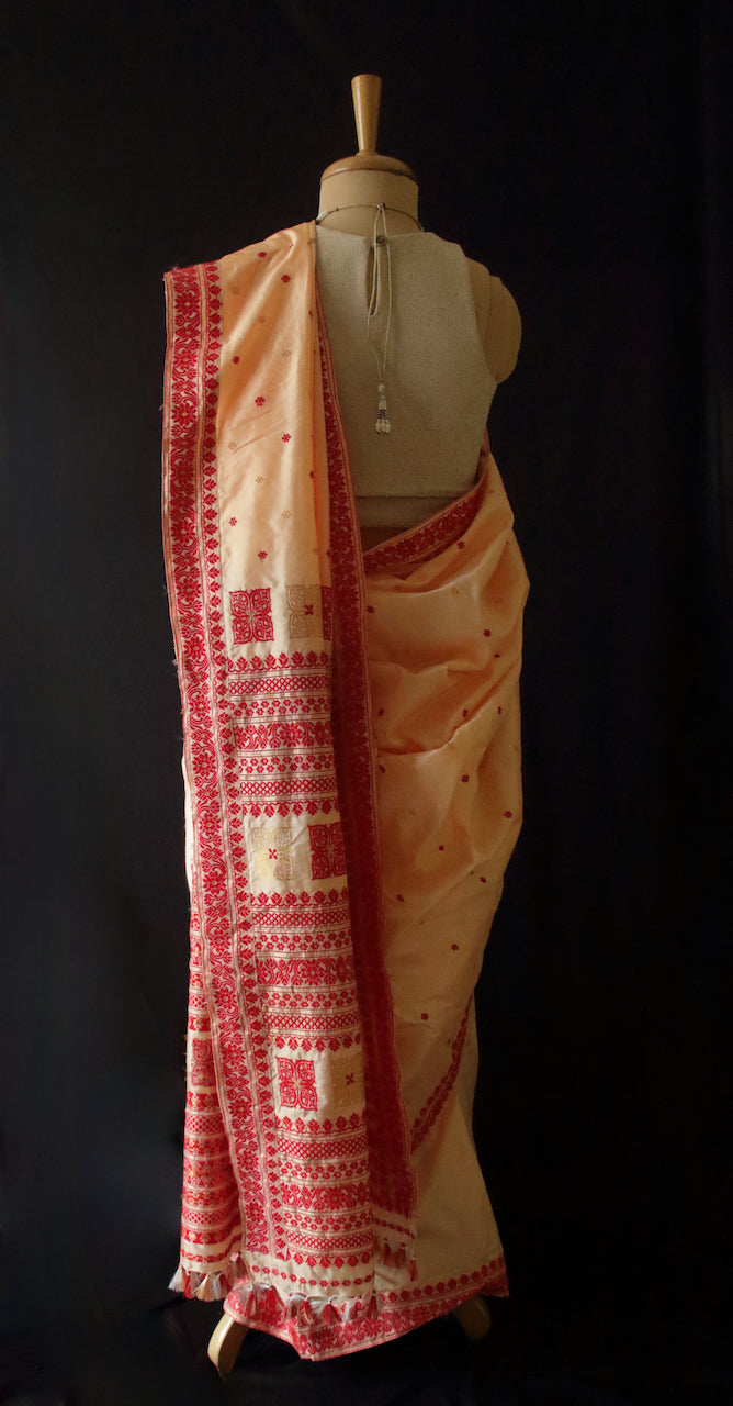 Soft Peach Colour Handloom Mulberry Silk Saree from Assam