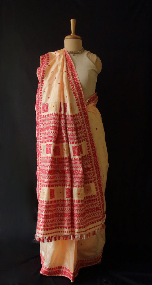 Soft Peach Colour Handloom Mulberry Silk Saree from Assam