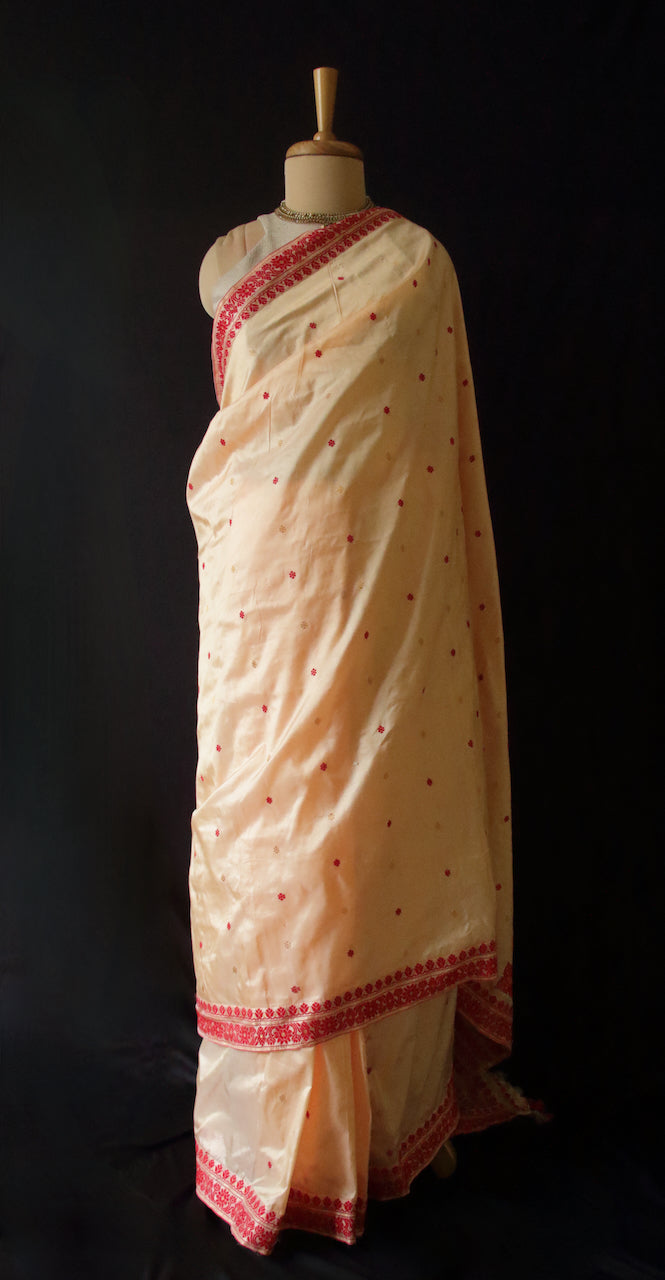 Soft Peach Colour Handloom Mulberry Silk Saree from Assam