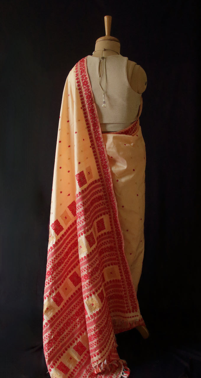 Soft Peach Colour Handloom Mulberry Silk Saree from Assam