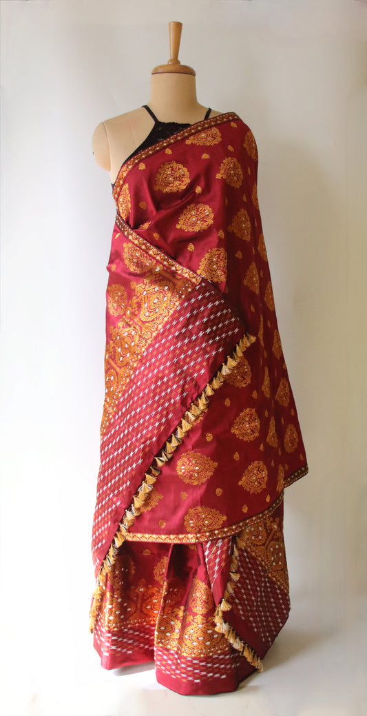 Maroon Red Traditional Pure Silk Mekhela Chador Set