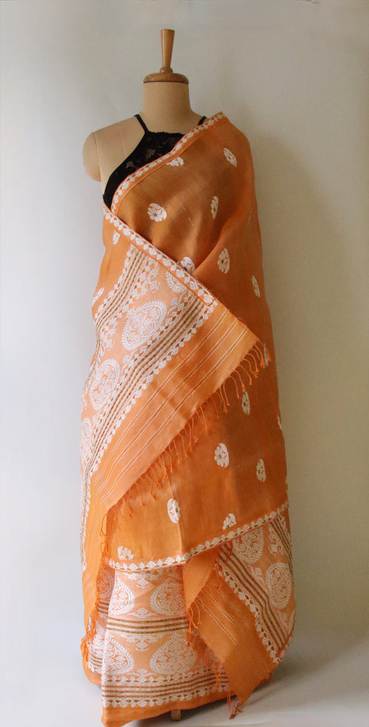Light Orange Cotton Silk  Handloom Mekhela Chador Set