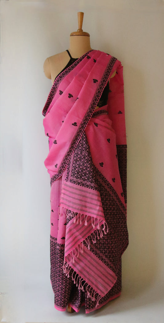 Bright Pink Cotton Silk Handloom Mekhela Chador Set