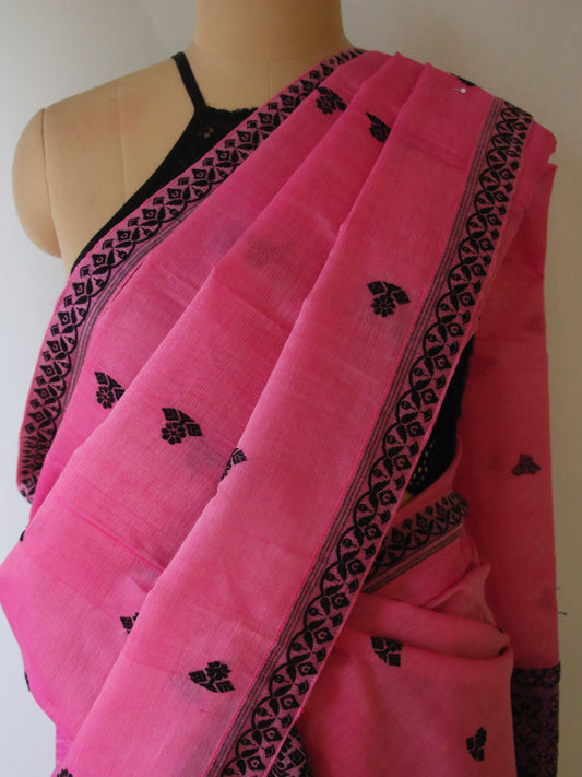 Bright Pink Cotton Silk Handloom Mekhela Chador Set