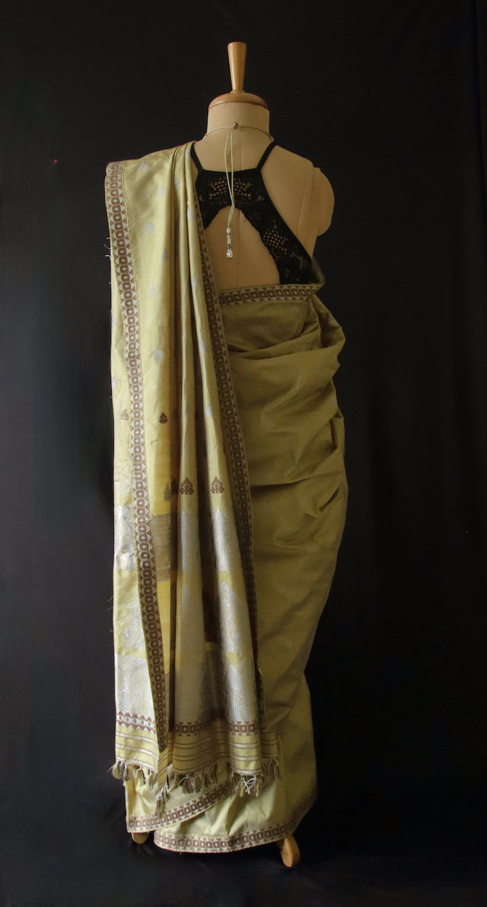 Soft Moss Green Colour Handloom Mulberry Silk Saree from Assam