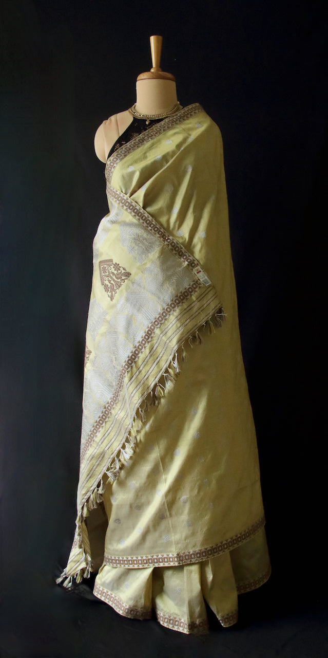 Soft Moss Green Colour Handloom Mulberry Silk Saree from Assam