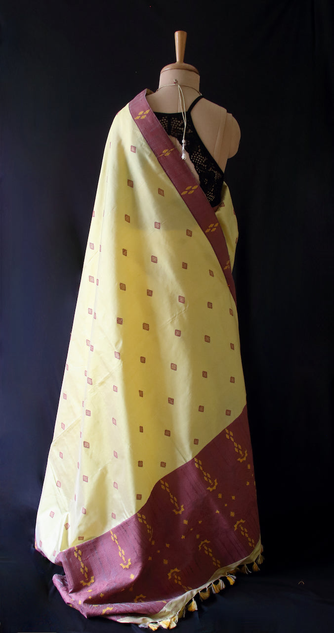 Soft Yellow Colour Handloom Mulberry Silk Saree from Assam