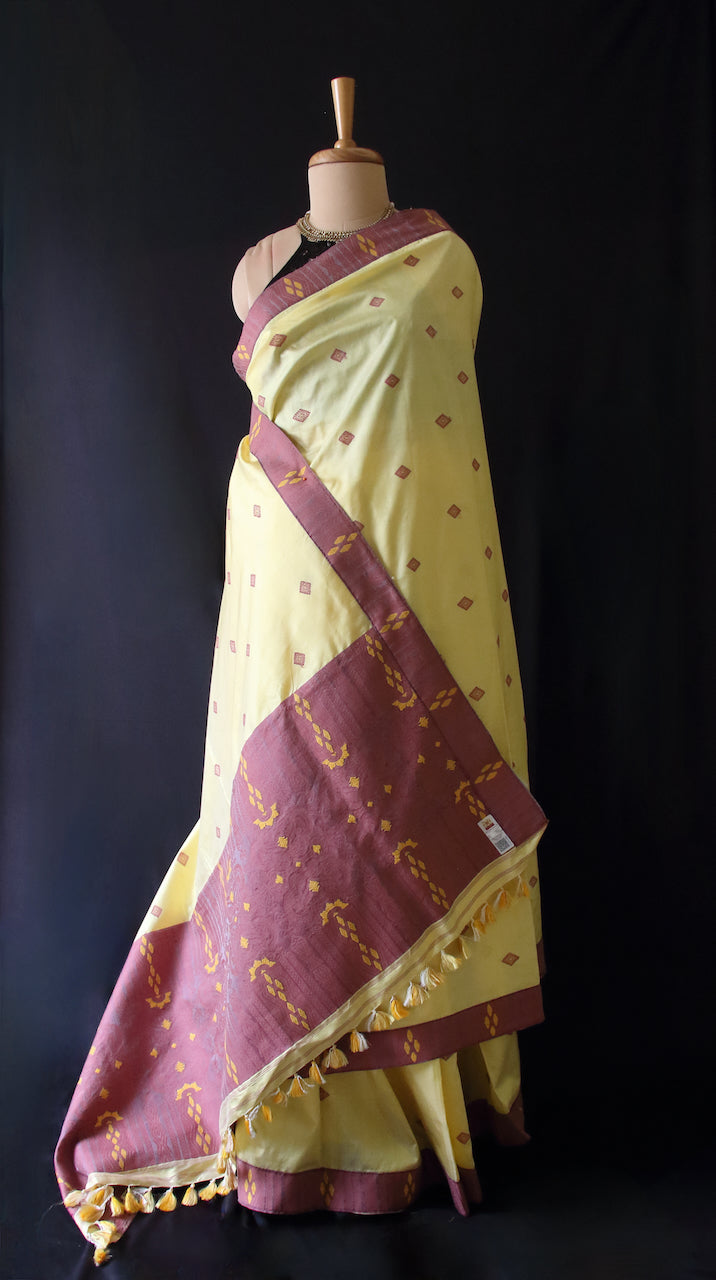 Soft Yellow Colour Handloom Mulberry Silk Saree from Assam