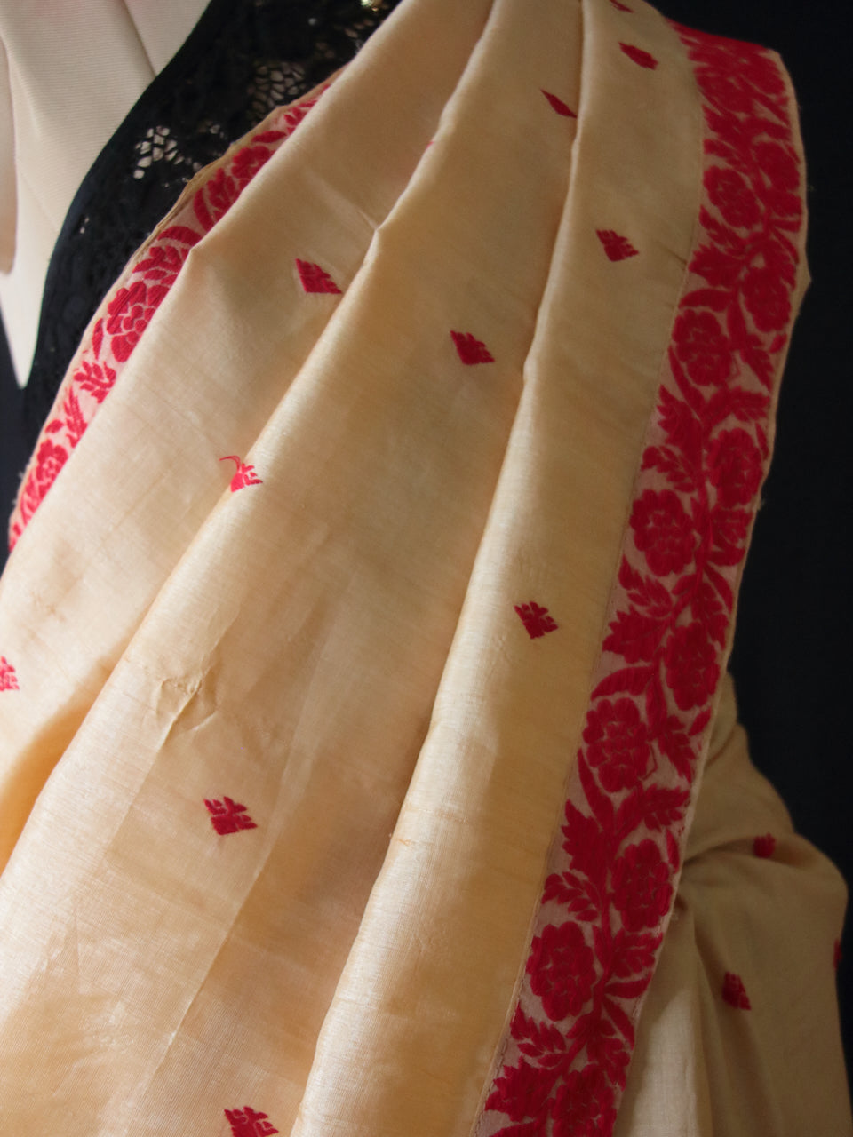 Handloom Tassah Silk Sari in red and golden combination from Assam