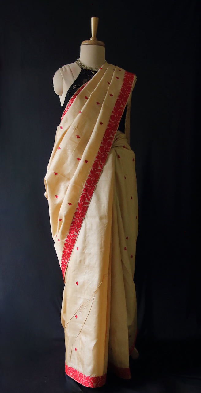 Handloom Tassah Silk Sari in red and golden combination from Assam