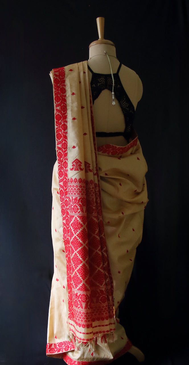 Handloom Tassah Silk Sari in red and golden combination from Assam