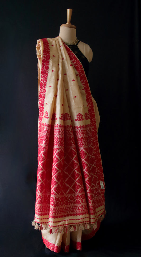 Handloom Tassah Silk Sari in red and golden combination from Assam