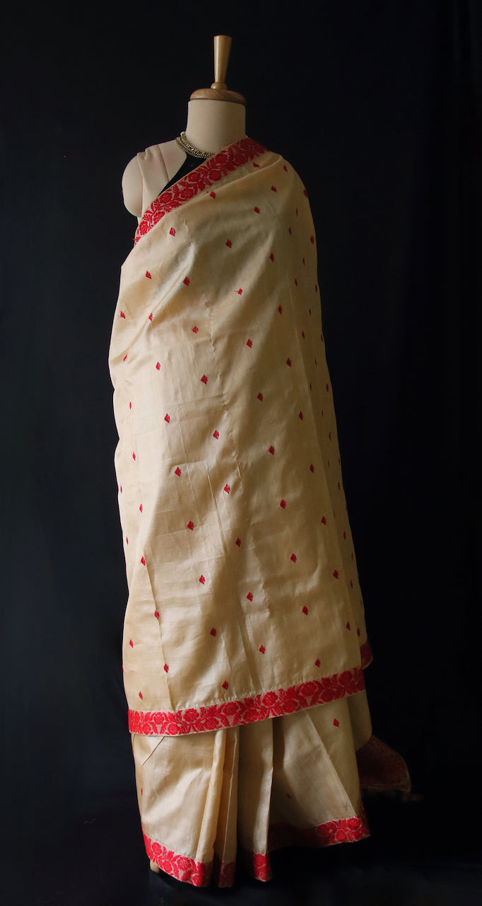 Handloom Tassah Silk Sari in red and golden combination from Assam