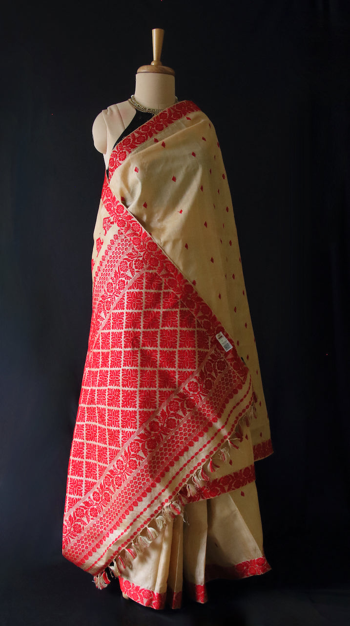 Handloom Tassah Silk Sari in red and golden combination from Assam