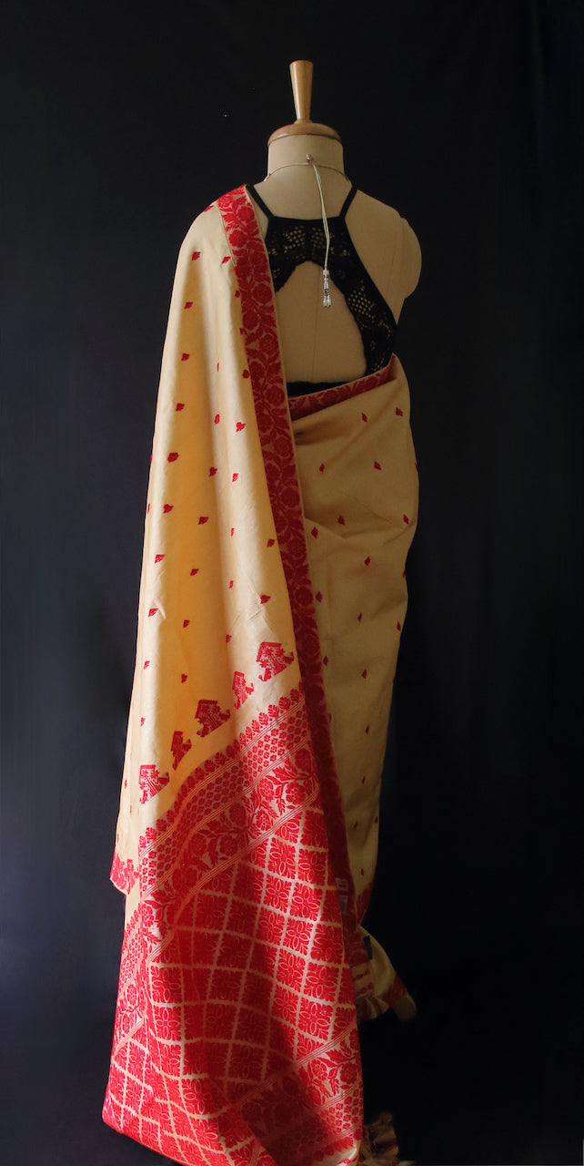 Handloom Tassah Silk Sari in red and golden combination from Assam