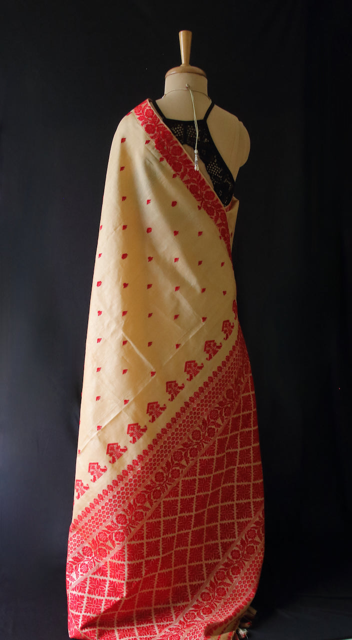 Handloom Tassah Silk Sari in red and golden combination from Assam