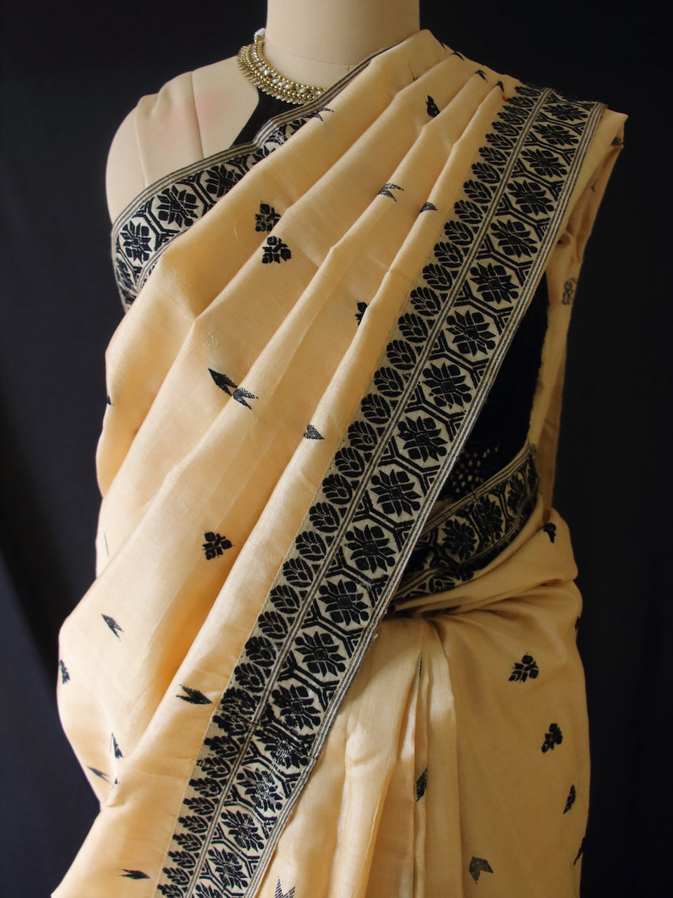 Handloom Tassah Silk Sari in Black and golden combination from Assam