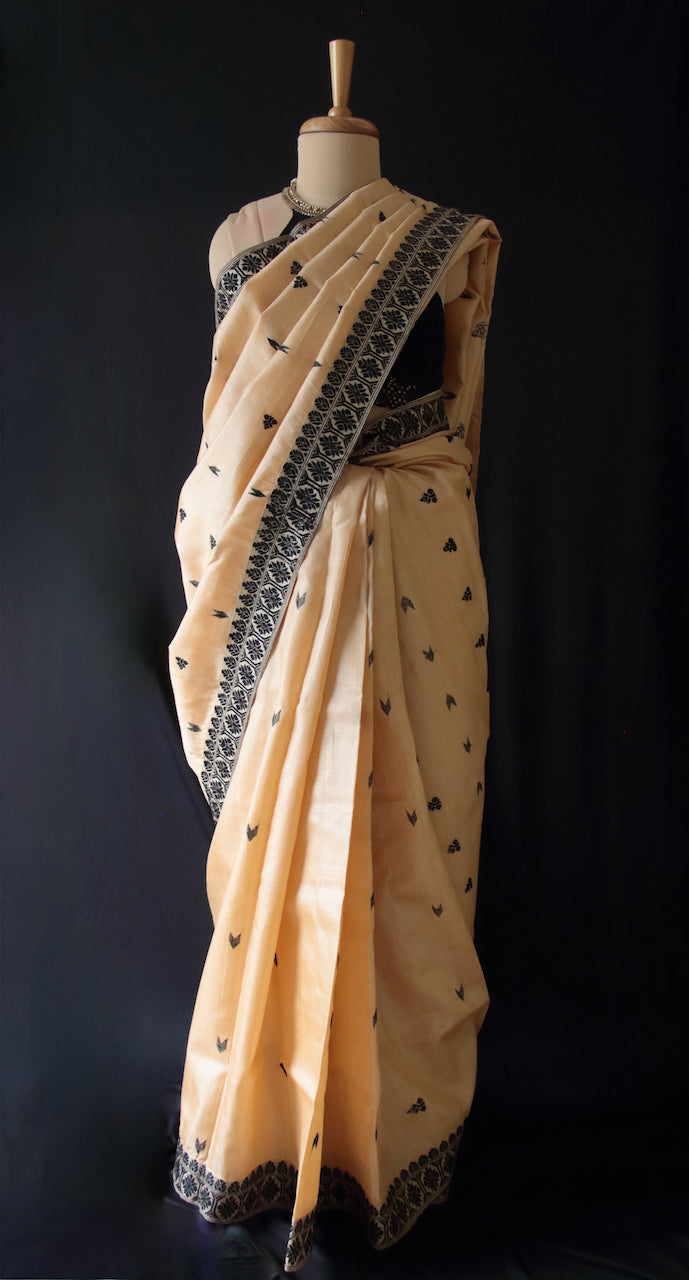 Handloom Tassah Silk Sari in Black and golden combination from Assam