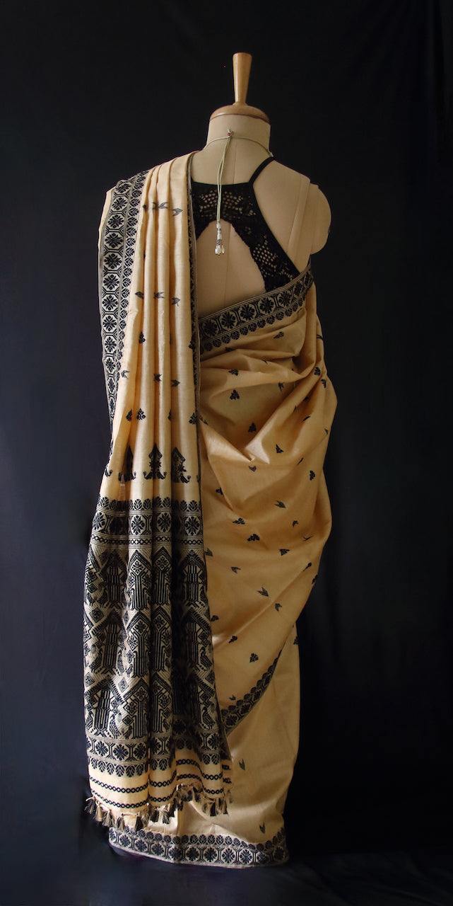 Handloom Tassah Silk Sari in Black and golden combination from Assam