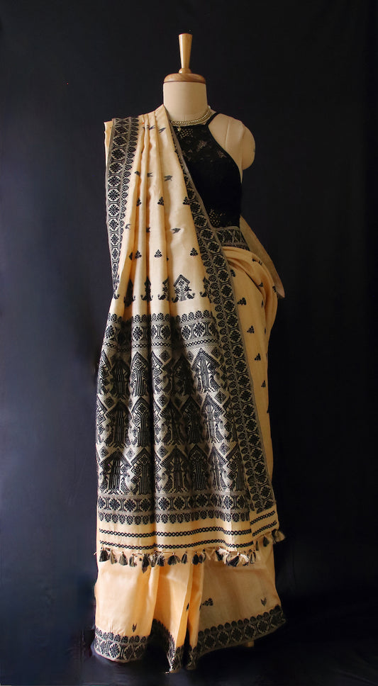 Handloom Tassah Silk Sari in Black and golden combination from Assam