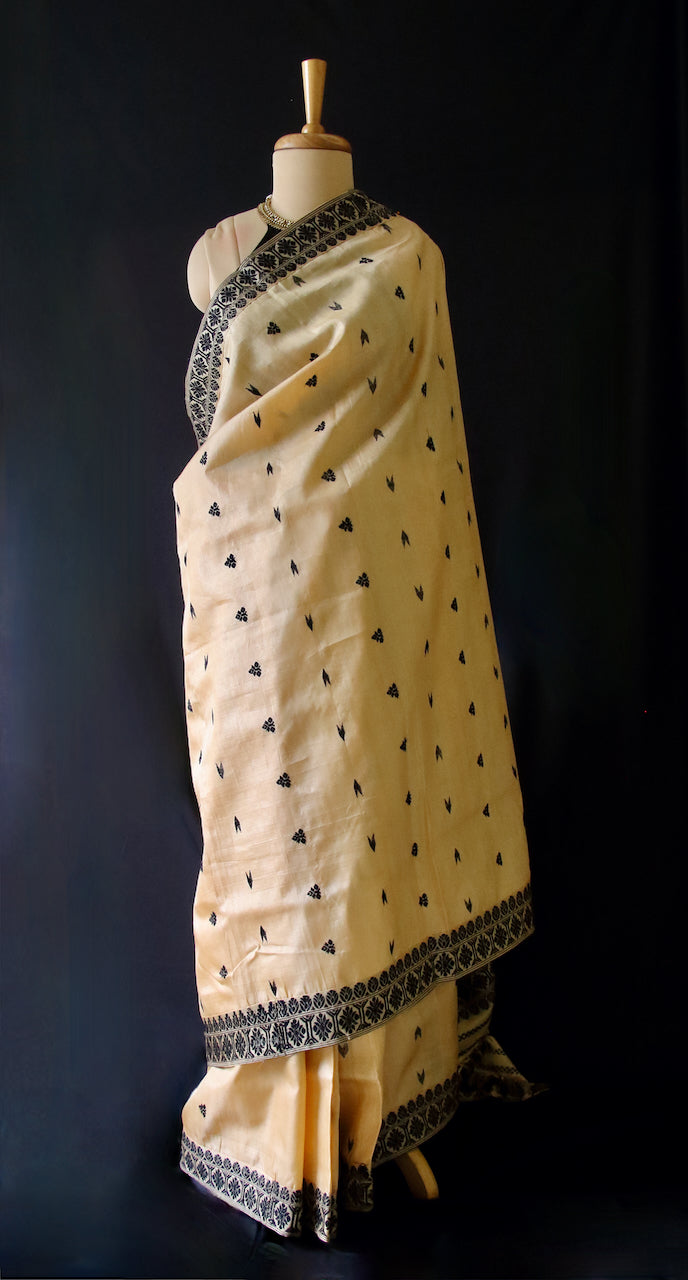 Handloom Tassah Silk Sari in Black and golden combination from Assam