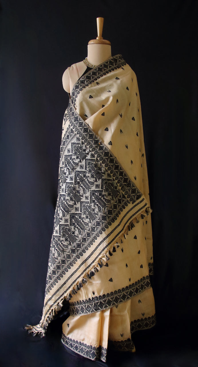 Handloom Tassah Silk Sari in Black and golden combination from Assam