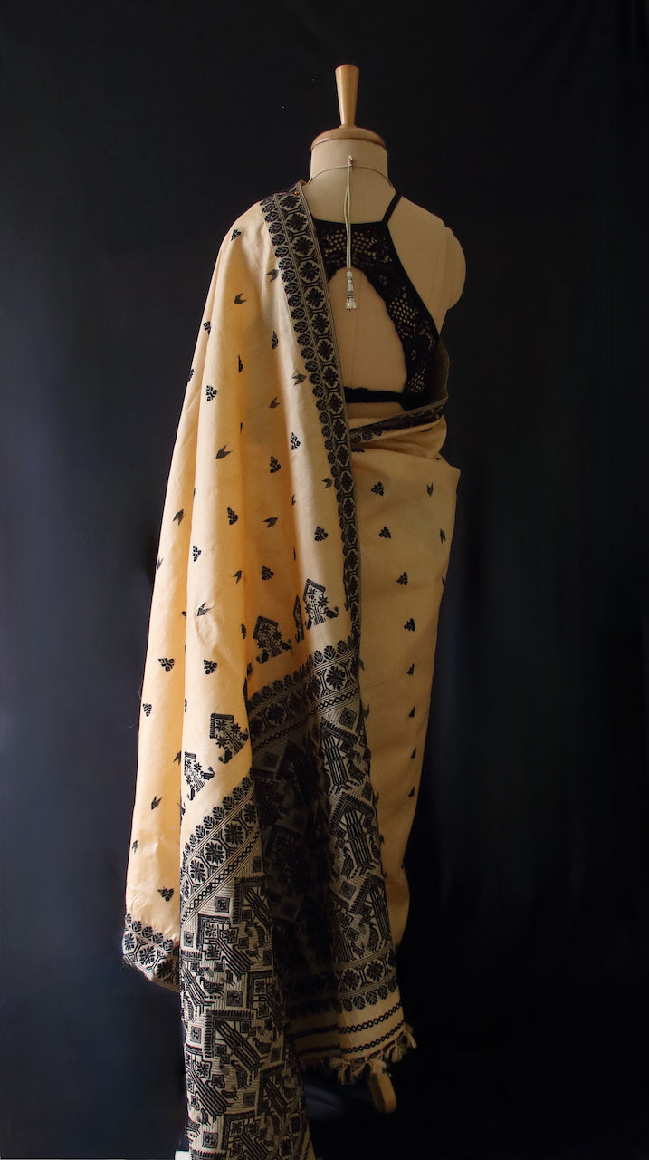 Handloom Tassah Silk Sari in Black and golden combination from Assam