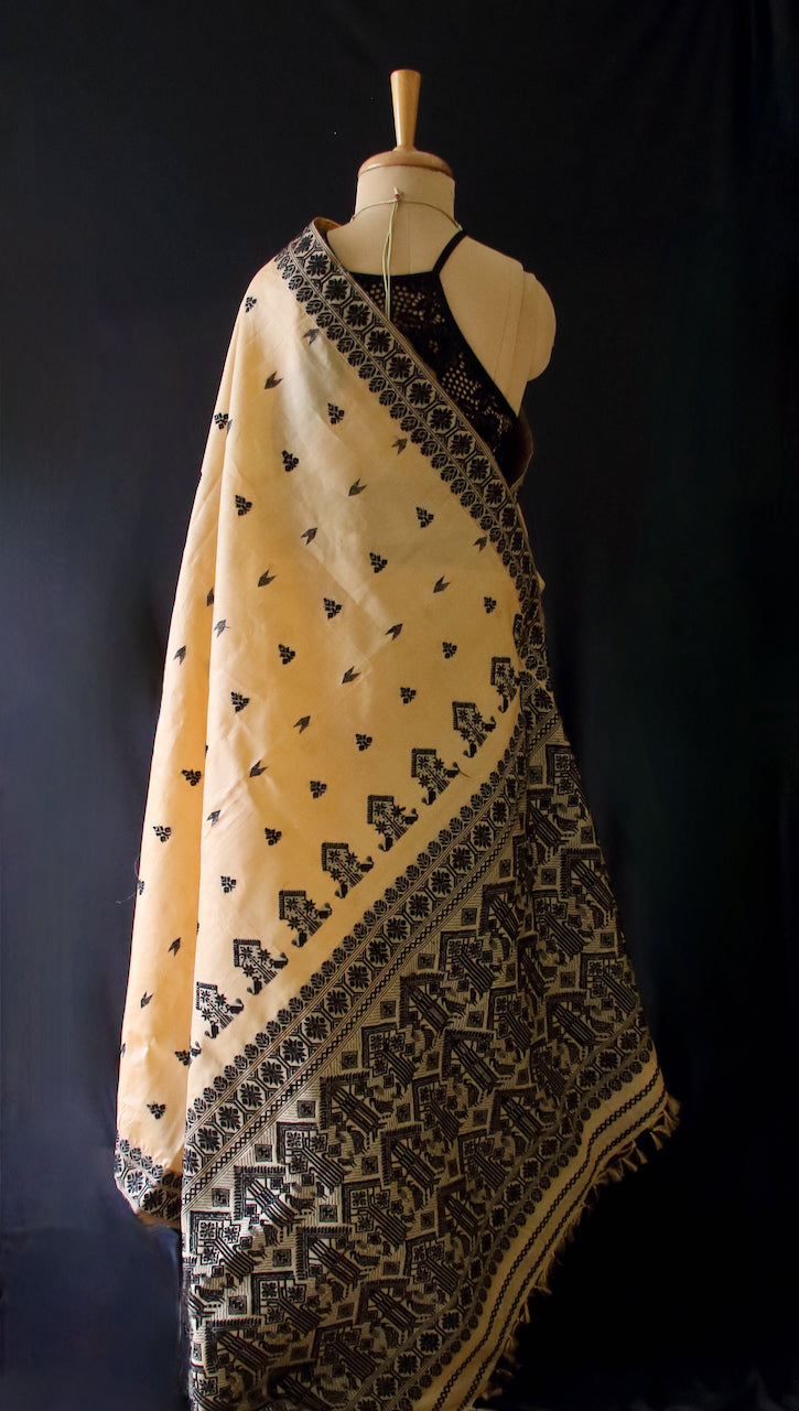 Handloom Tassah Silk Sari in Black and golden combination from Assam