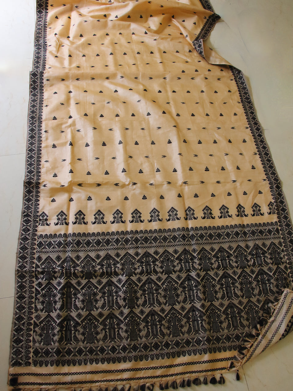 Handloom Tassah Silk Sari in Black and golden combination from Assam