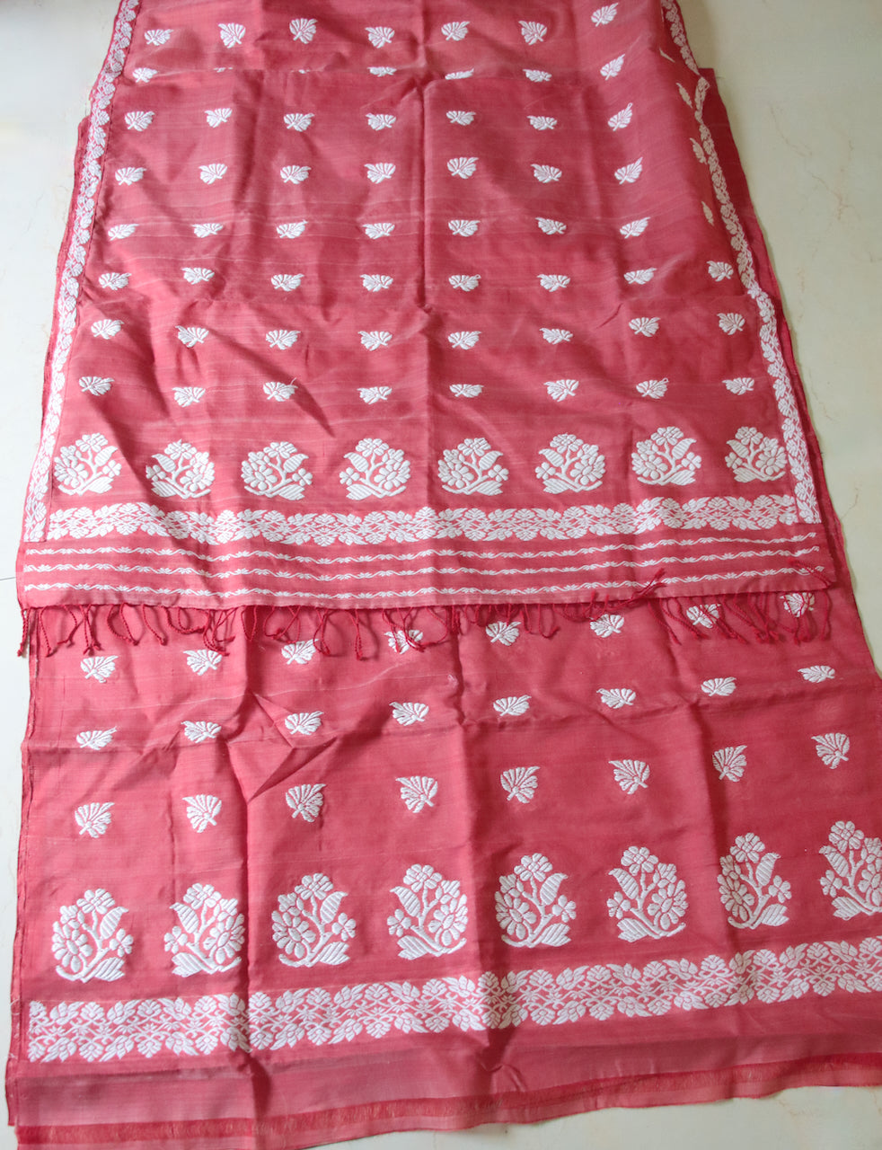 Peach Cotton Silk Traditional Handloom Mekhela Chador Set from Assam