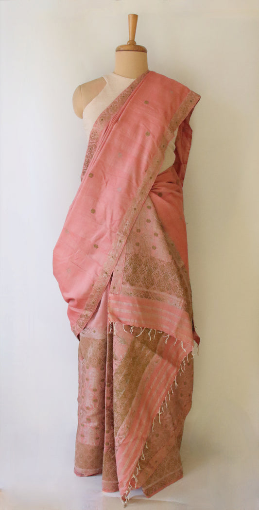 Natural Dyed Soft Peach Eri Silk Traditional Mekhela Chador Set from Assam
