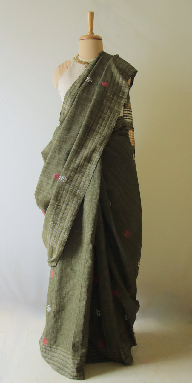 Handwoven Dark Green Natural Dyed Eri Silk Sari from Assam