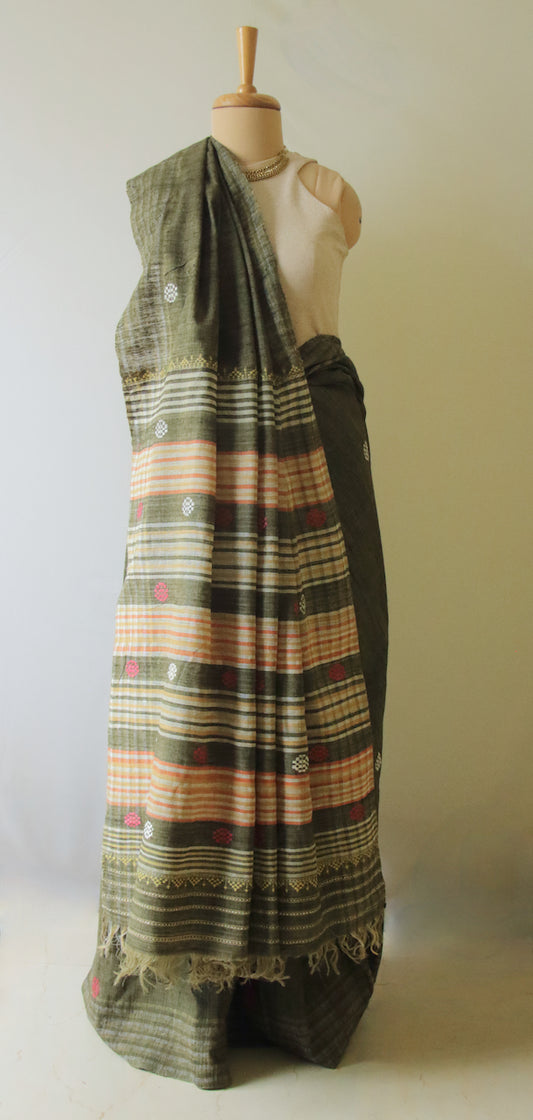 Handwoven Dark Green Natural Dyed Eri Silk Sari from Assam