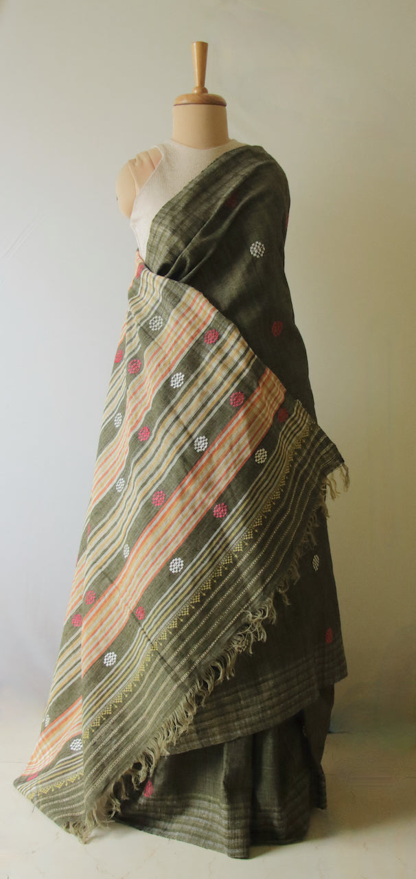 Handwoven Dark Green Natural Dyed Eri Silk Sari from Assam