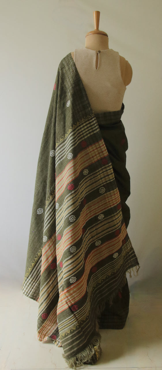 Handwoven Dark Green Natural Dyed Eri Silk Sari from Assam