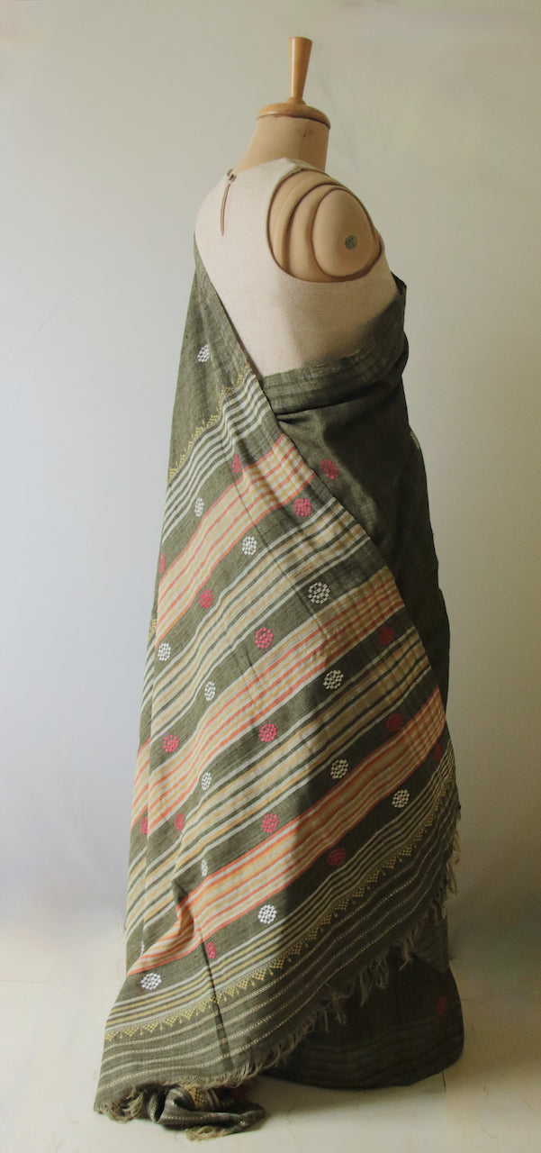 Handwoven Dark Green Natural Dyed Eri Silk Sari from Assam