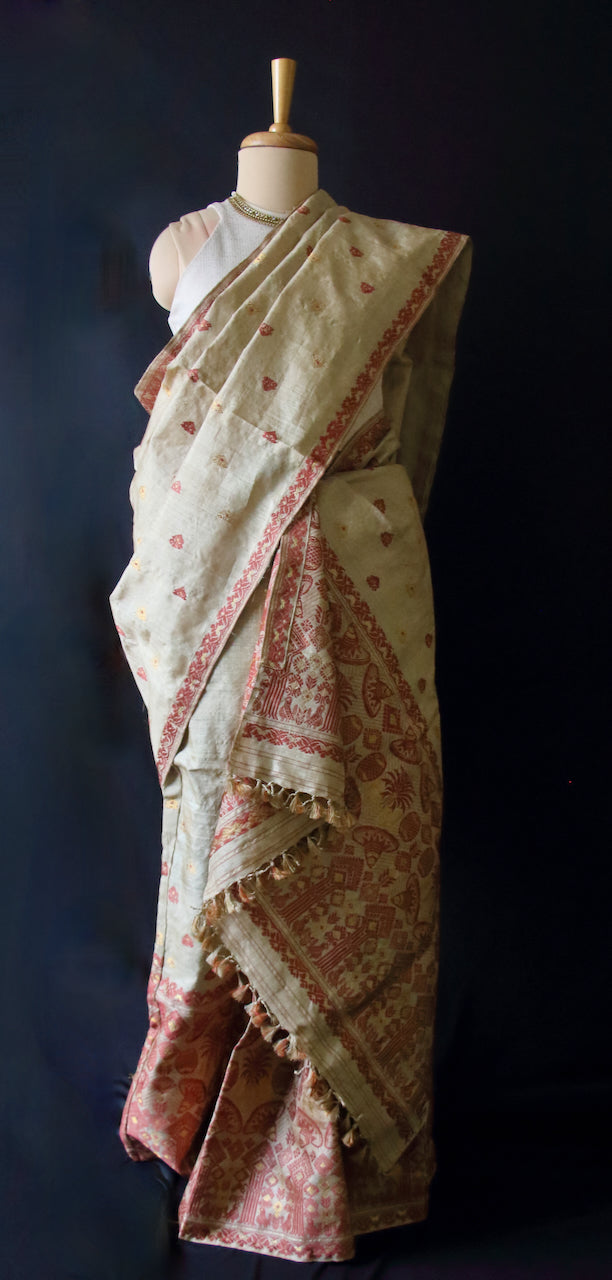 Authentic Muga Silk Traditional Design Mekhela Chador Set from Assam