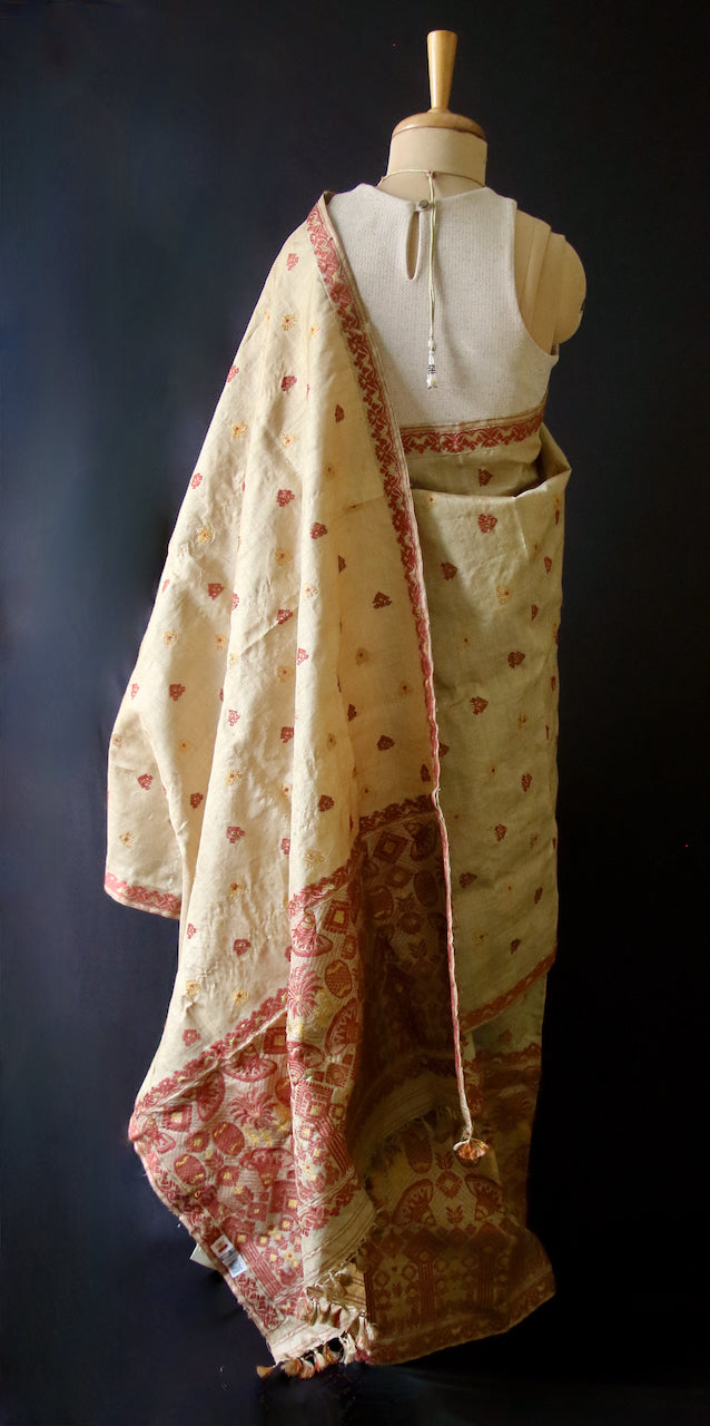 Authentic Muga Silk Traditional Design Mekhela Chador Set from Assam