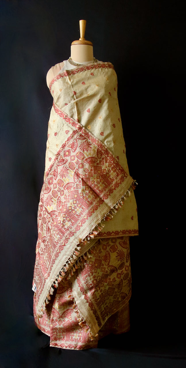 Authentic Muga Silk Traditional Design Mekhela Chador Set from Assam